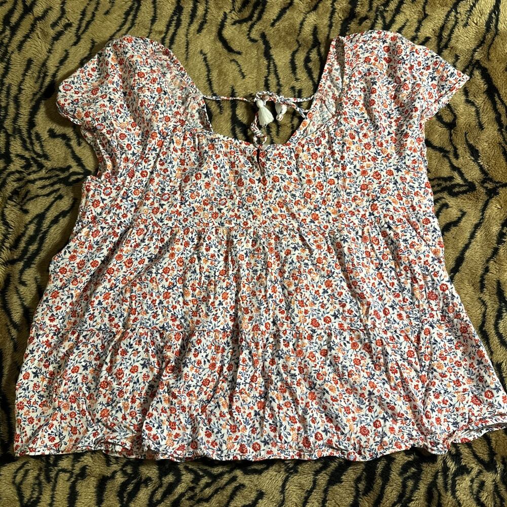 Old Navy Womens Floral Print Puff Sleeve Tiered Babydoll Top Size Large Peasent
